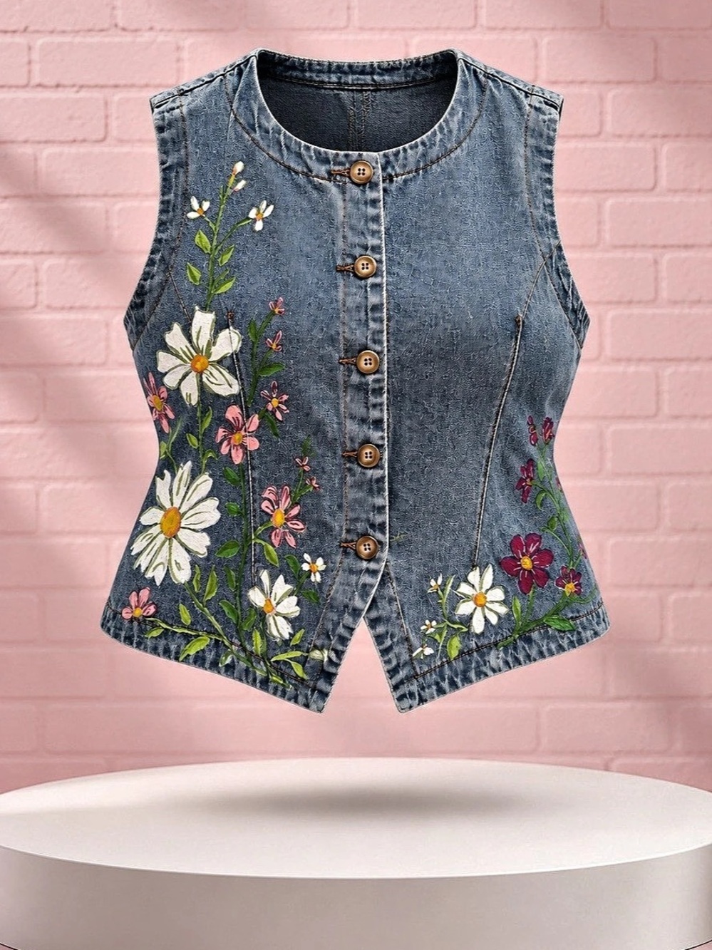 Denim Vest Hand Painted Floral Western Boho XXL Fits Like XL